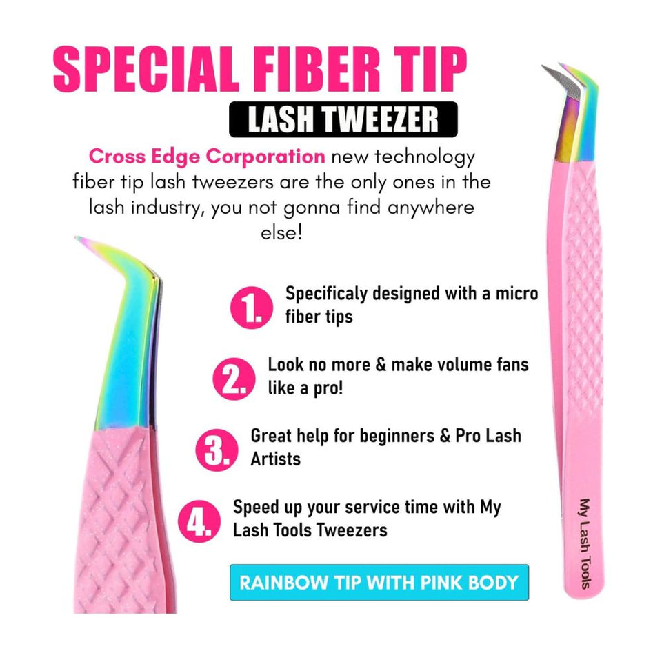 Pink with gold Fiber Tip Lash Tweezers for Eyelash Extensions - Cross Edge Corporation