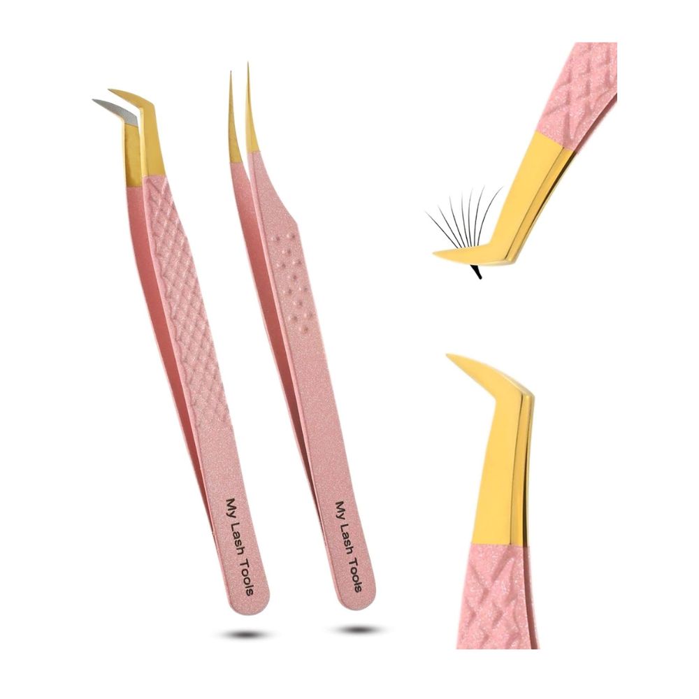 Nude Pink with gold Fiber Tip Lash Tweezers for Eyelash Extensions - Cross Edge Corporation