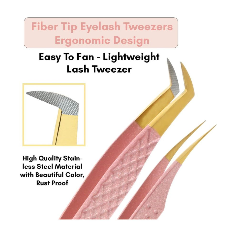 Nude Pink with gold Fiber Tip Lash Tweezers for Eyelash Extensions - Cross Edge Corporation