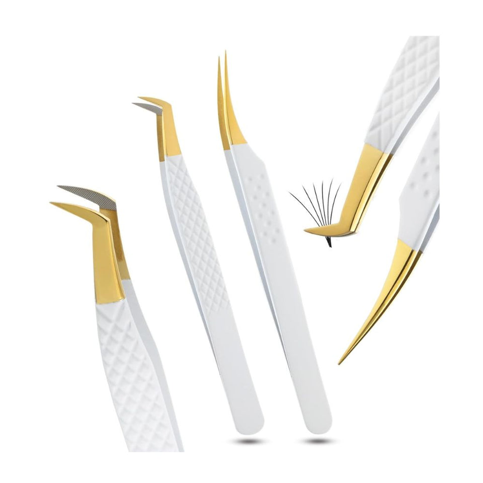 White and Gold Fiber Tip Lash Tweezers for Eyelash Extensions - Cross Edge Corporation