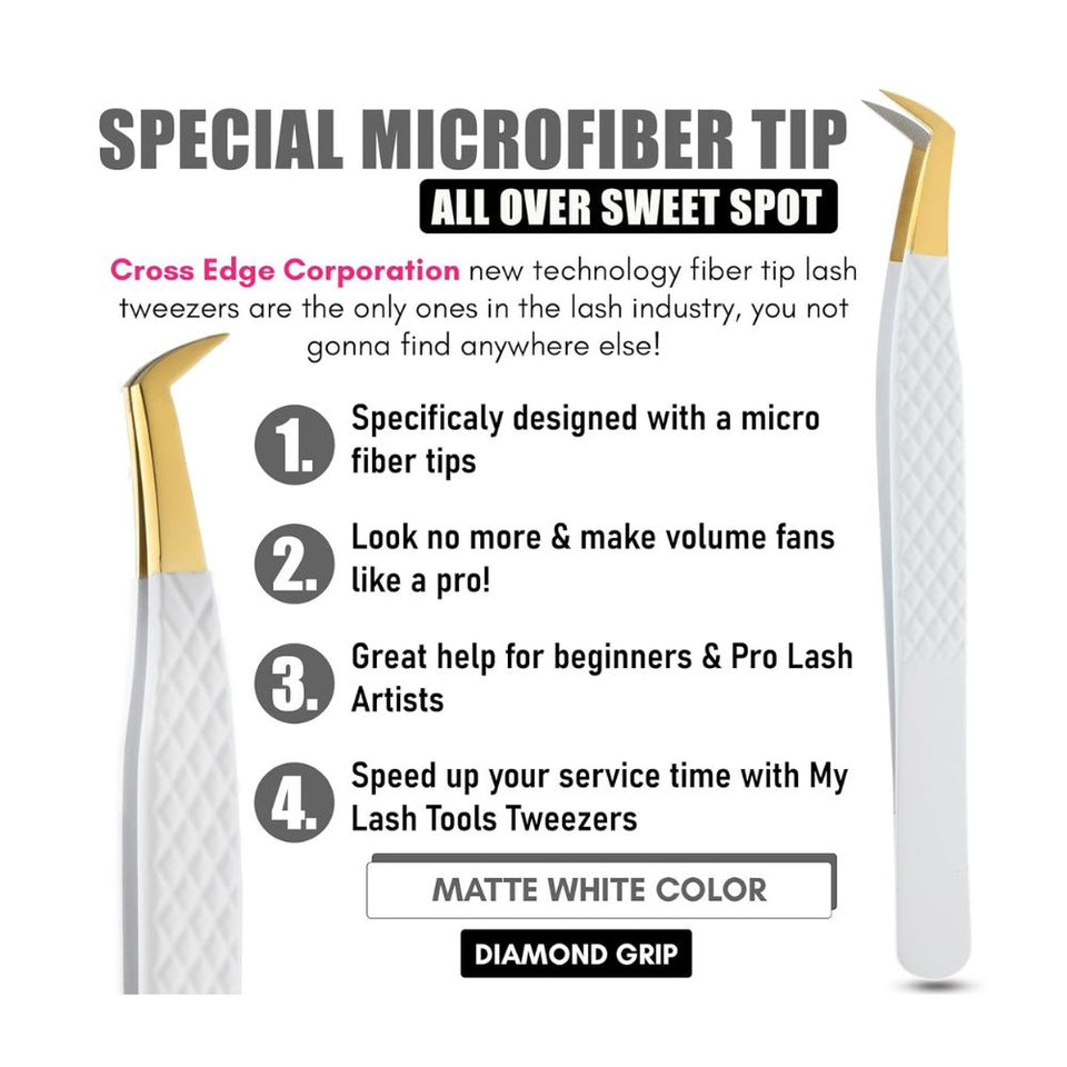 White and Gold Fiber Tip Lash Tweezers for Eyelash Extensions - Cross Edge Corporation