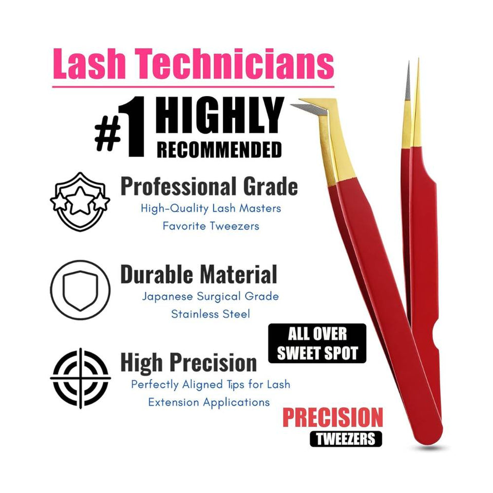 Red Gold Tip Mega Volume Boot Angled Lashing Tweezers - Cross Edge Corporation