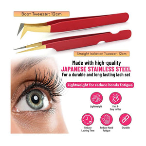 Red Gold Tip Mega Volume Boot Angled Lashing Tweezers - Cross Edge Corporation