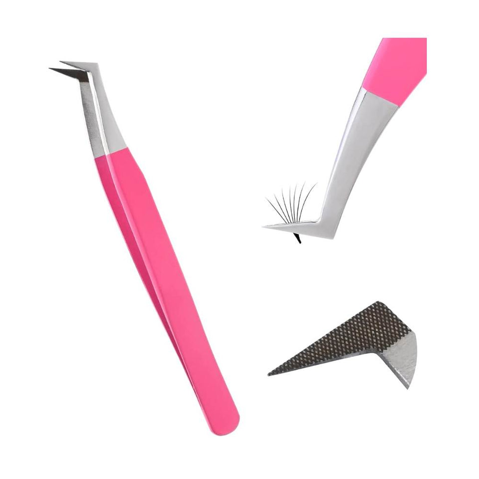 Pink Silver FiberTip Mega Volume Boot Angled Lashing Tweezers - Cross Edge Corporation