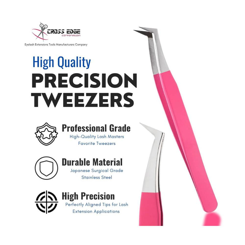 Pink Silver FiberTip Mega Volume Boot Angled Lashing Tweezers - Cross Edge Corporation