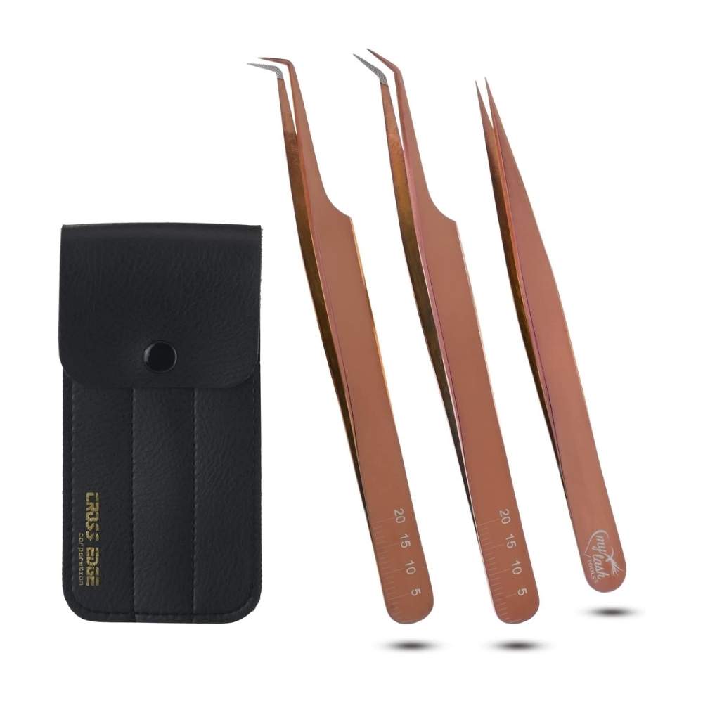 Rose gold Dimond grip Individual Isolation & Classic Lashes Tweezer set Best for Volume - Cross Edge Corporation