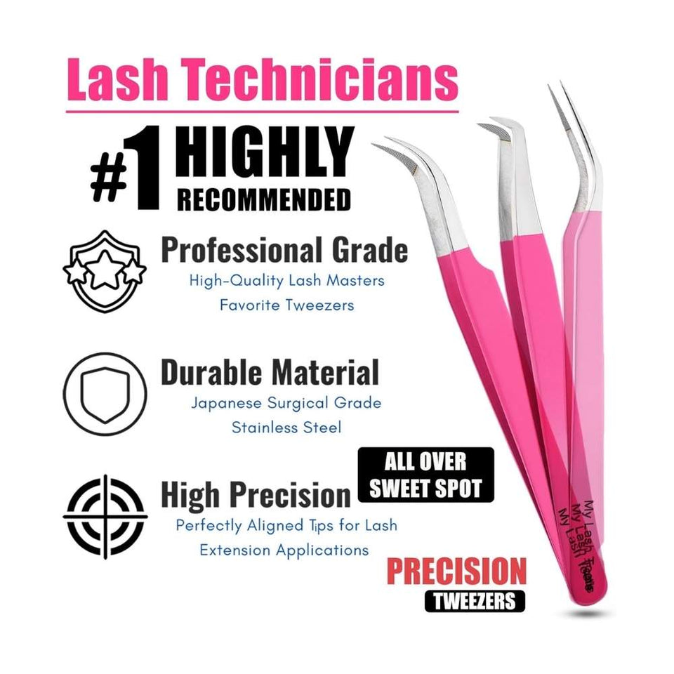 3 Pink Eyelash Extension Curved 45 Degree Angled Isolation Tweezers - Cross Edge Corporation