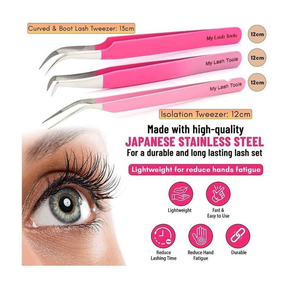 3 Pink Eyelash Extension Curved 45 Degree Angled Isolation Tweezers - Cross Edge Corporation