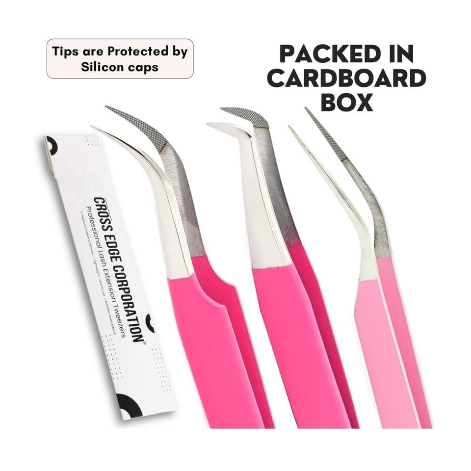 3 Pink Eyelash Extension Curved 45 Degree Angled Isolation Tweezers - Cross Edge Corporation