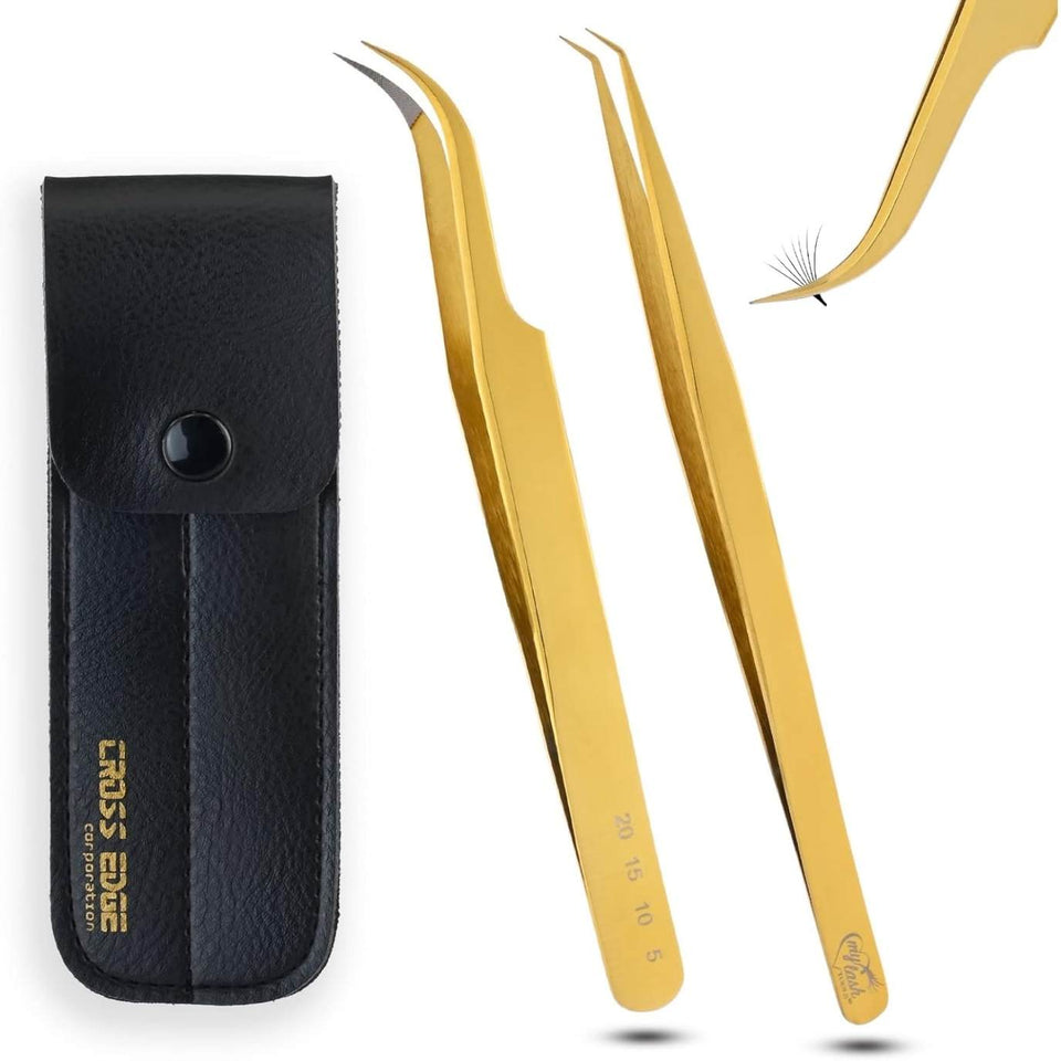 Eyelash Extensions Tweezers SET OF 2 Micro grip Tip Curved Volume Tweezers Gold - Cross Edge Corporation