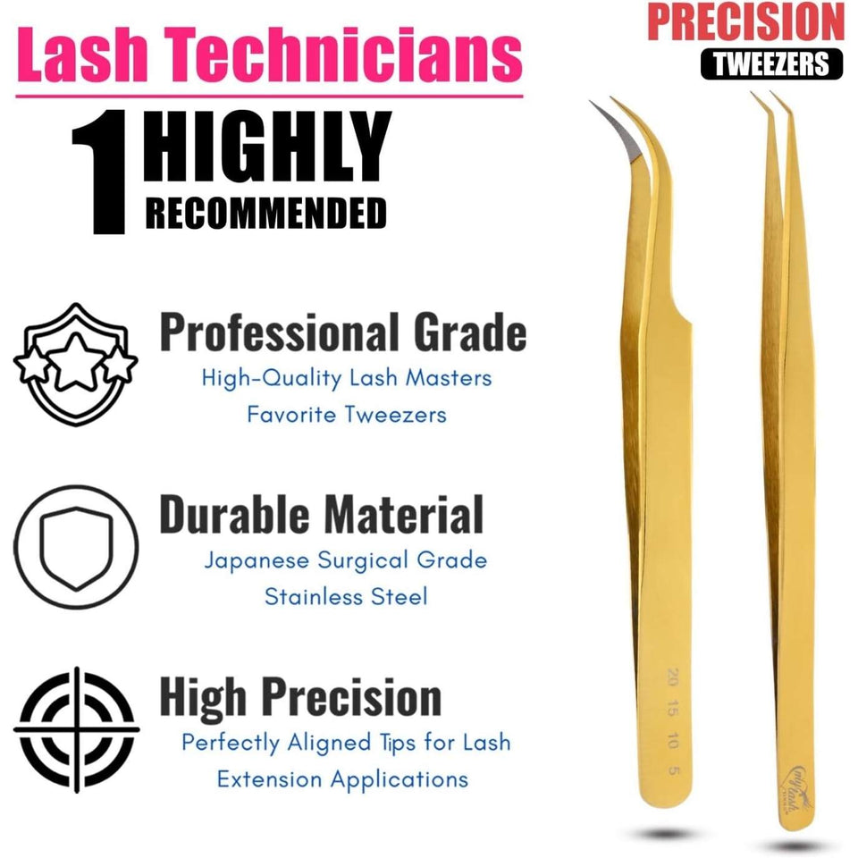 Eyelash Extensions Tweezers SET OF 2 Micro grip Tip Curved Volume Tweezers Gold - Cross Edge Corporation