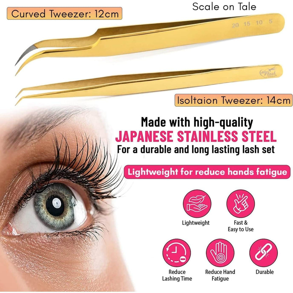 Eyelash Extensions Tweezers SET OF 2 Micro grip Tip Curved Volume Tweezers Gold - Cross Edge Corporation