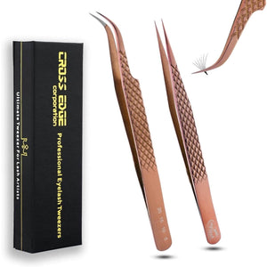 Rose Gold Fiber Tip Lash Tweezers Micro Grip Tip Curved Volume set - Cross Edge Corporation