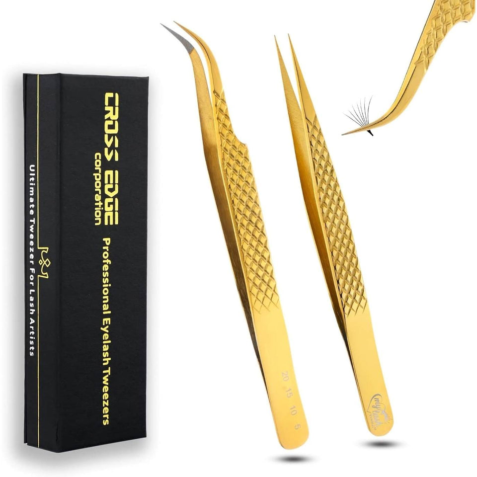 Gold Fiber Tip Lash Tweezers Micro Grip Tip Curved Volume set