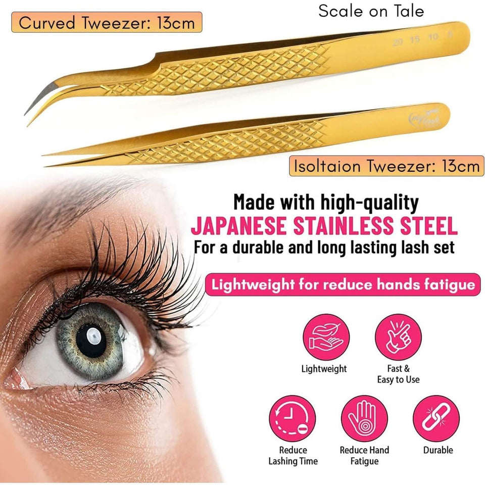 Gold Fiber Tip Lash Tweezers Micro Grip Tip Curved Volume set