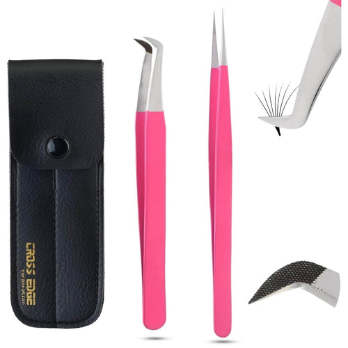 Pink Fiber tip Straight and 45-degree Lash Tweezers for Volume Isolation set - Cross Edge Corporation