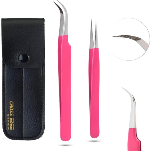 Pink Fiber tip Straight and Curve Lash Tweezers for Volume Isolation set