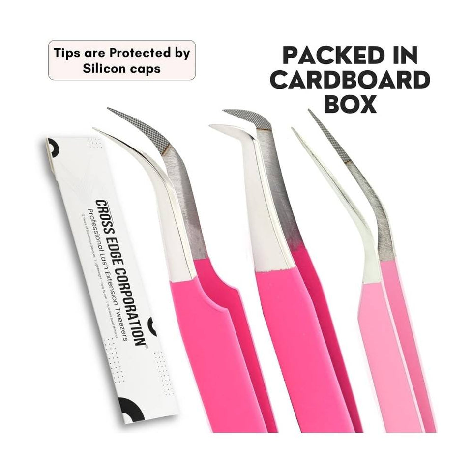 3Pcs Pink Lash Tweezers Set for Eyelash Extension - Cross Edge Corporation