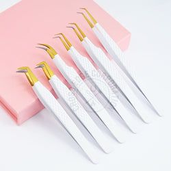 Fiber Tip Lash Tweezers - Matte White with Gold Tip