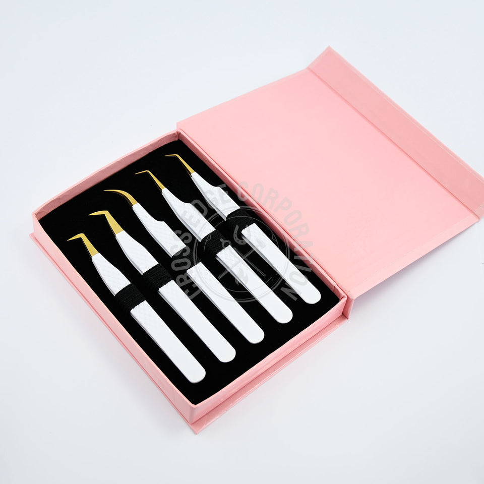 Fiber Tip Lash Tweezers - Matte White with Gold Tip