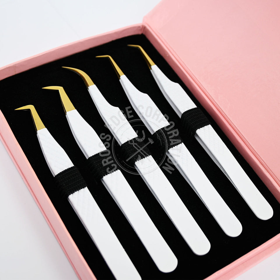 Fiber Tip Lash Tweezers - Matte White with Gold Tip