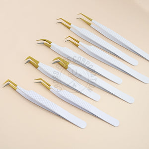 Fiber Tip Lash Tweezers - Matte White with Gold Tip