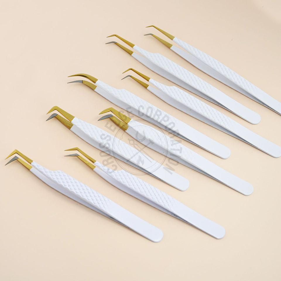 Fiber Tip Lash Tweezers - Matte White with Gold Tip