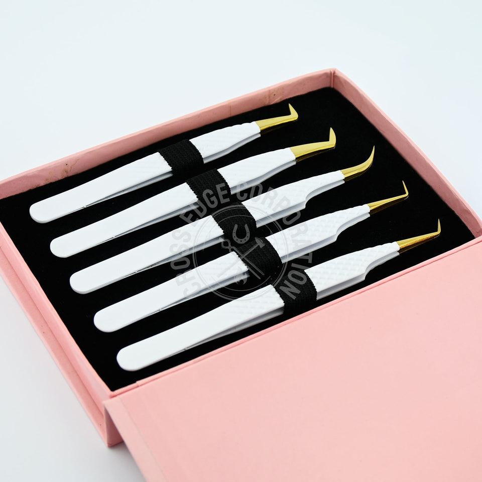 Fiber Tip Lash Tweezers - Matte White with Gold Tip