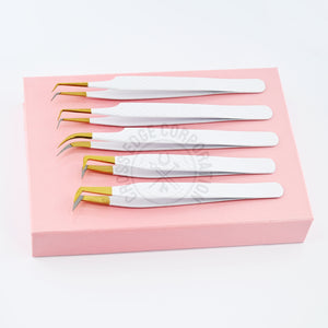 Fiber Tip Lash Tweezers - Matte White with Gold Tip