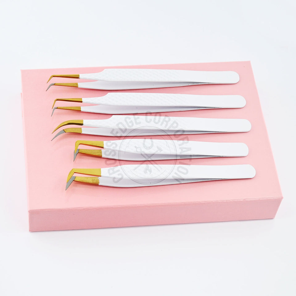 Fiber Tip Lash Tweezers - Matte White with Gold Tip