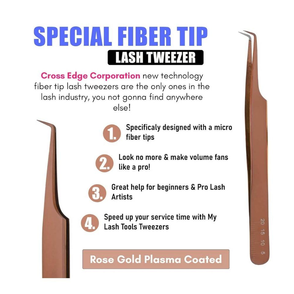 Fiber Tip Lash Tweezers Rose Gold for Eyelash Extensions - Cross Edge Corporation