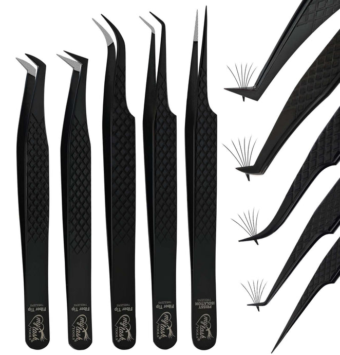 Black Fiber Tip Lash Tweezers Set Precision Boot Volume Eyelash Extensions Tweezers (5pcs) - Cross Edge Corporation