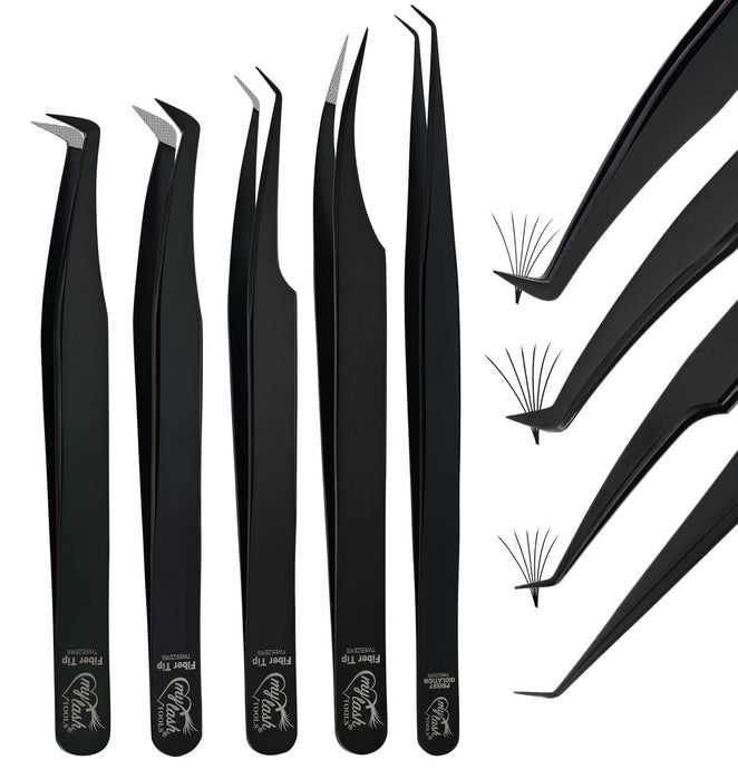 Black Fiber Tip Eyelash Extension Tweezers Set for Professional Lash Extensions (5pcs) - Cross Edge Corporation