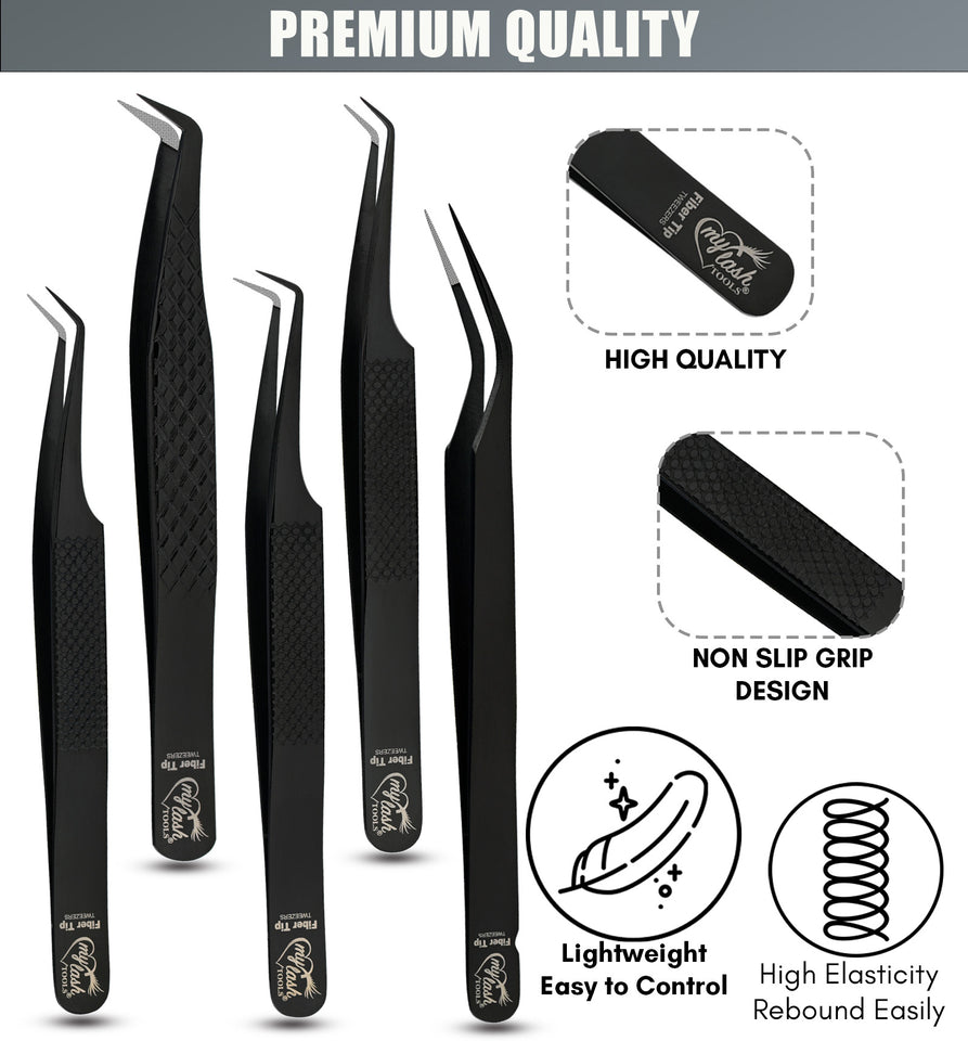 Black Tweezers Professional Lashing Tweezers, 5Pcs Stainless Steel