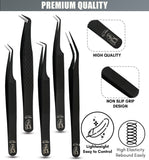 Black Tweezers Professional Lashing Tweezers, 5Pcs Stainless Steel