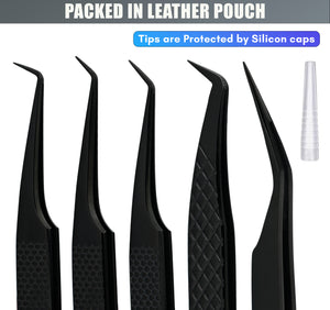 Black Tweezers Professional Lashing Tweezers, 5Pcs Stainless Steel